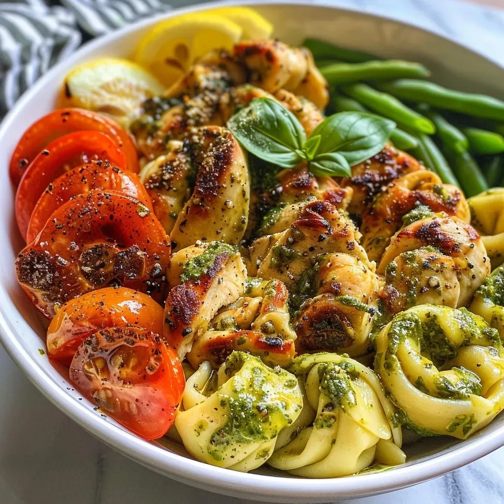 ['A close-up side view of Chicken Tortellini Pesto Bowls with vibrant colors.', 'Juicy Chicken Tortellini Pesto Bowls featuring sliced chicken, green beans, and grape tomatoes.', 'A visually appealing bowl of Chicken Tortellini Pesto, garnished with fresh basil and lemon.', 'Side view of a delicious Chicken Tortellini Pesto Bowl showcasing fresh ingredients.']