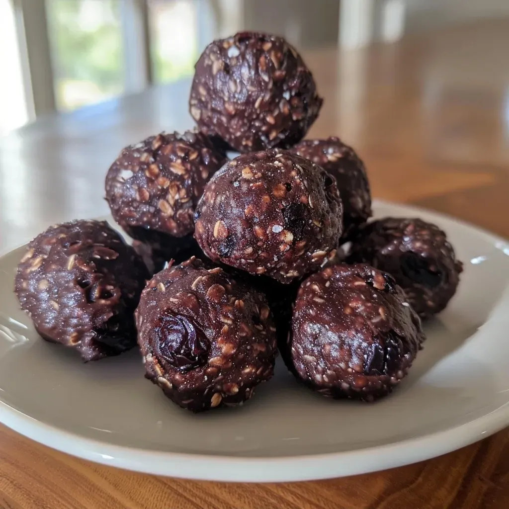['Close-up view of chocolate blueberry protein bites on a wooden surface.', 'Side view of energy balls showcasing their rich texture and blueberry pieces.', 'Juicy chocolate blueberry bites arranged aesthetically on a plate.', 'Detailed shot of vegan protein bites highlighting their ingredients and texture.']