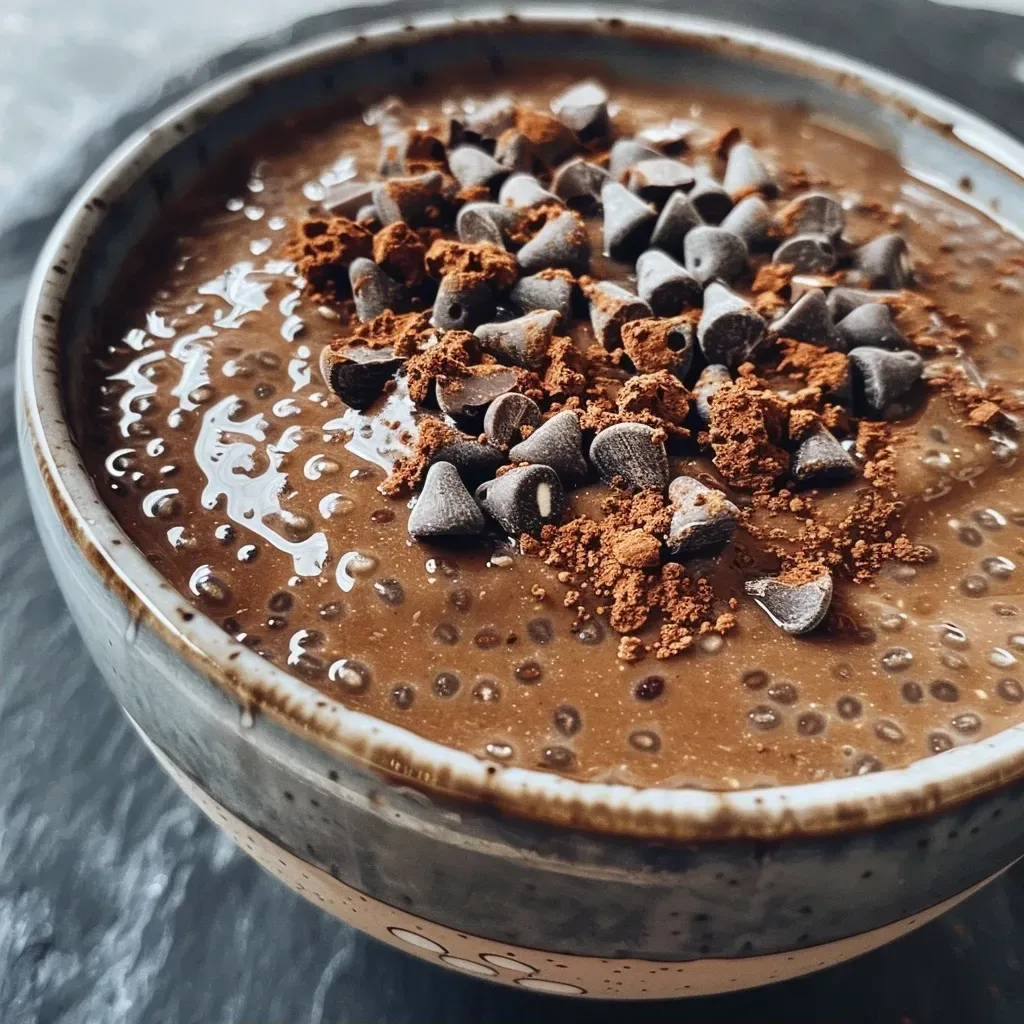 ['A close-up side view of a creamy chocolate chia pudding in a glass.', 'A rich chocolate chia pudding topped with a sprinkle of cocoa powder.', 'A side view of delicious chocolate chia pudding with a smooth texture.', 'A close-up of chocolate chia pudding featuring layers of creamy texture.']
