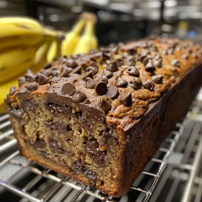 ['Close-up view of freshly baked chocolate chip banana bread, showcasing its golden crust and melting chocolate chips.', 'Lush side view of a moist chocolate chip banana bread loaf, with chocolate chips glistening on top.', 'Slice of warm chocolate chip banana bread, highlighting its soft texture and rich chocolate chunks.', 'Detailed shot of chocolate chip banana bread, emphasizing its brown sugar glaze and banana specks.']