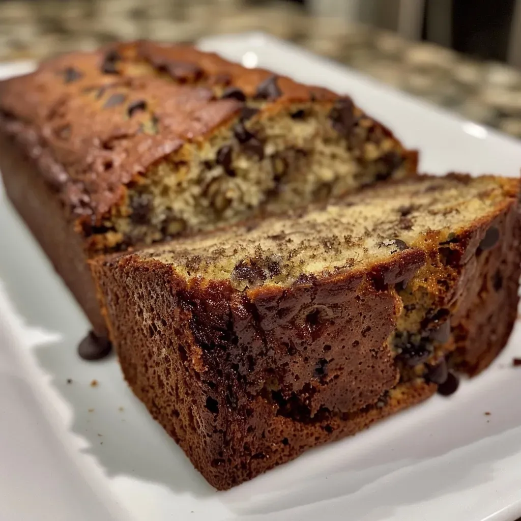 ['Close-up view of freshly baked chocolate chip banana bread, showcasing its golden crust and melting chocolate chips.', 'Lush side view of a moist chocolate chip banana bread loaf, with chocolate chips glistening on top.', 'Slice of warm chocolate chip banana bread, highlighting its soft texture and rich chocolate chunks.', 'Detailed shot of chocolate chip banana bread, emphasizing its brown sugar glaze and banana specks.']