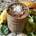 ['Close-up view of a chocolate coconut smoothie in a glass with a straw.', 'Side angle shot of a creamy chocolate coconut smoothie topped with shredded coconut.', 'Rich chocolate coconut smoothie displayed with fresh ingredients in the background.', 'Glass of chocolate coconut smoothie with a thick consistency and sprinkled coconut on top.']