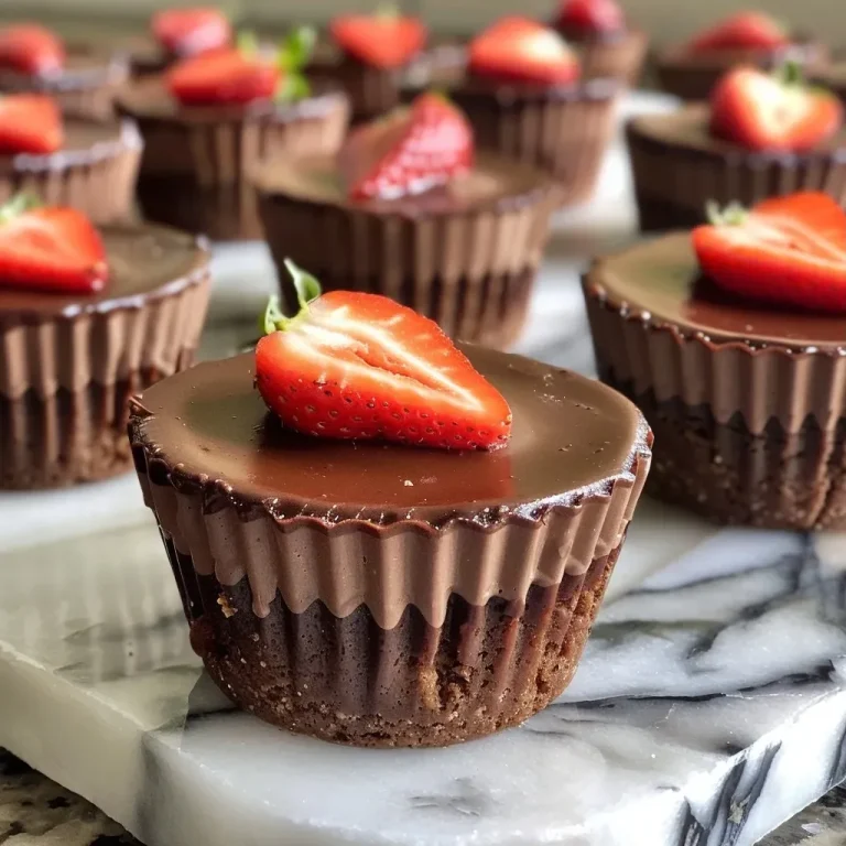 ['Close-up view of individual Chocolate Covered Strawberry Cheesecake Cups with a glossy chocolate coating and fresh strawberries on top.', 'Side view of Mini Chocolate Covered Strawberry Cheesecake Cups showcasing their creamy layers and chocolate drizzle.', 'Rich Chocolate Covered Strawberry Cheesecake Cups displayed with chopped strawberries, emphasizing their decadent appearance.', 'Mouthwatering Chocolate Covered Strawberry Cheesecake Cups with a smooth chocolate layer and strawberry bits visible inside.']