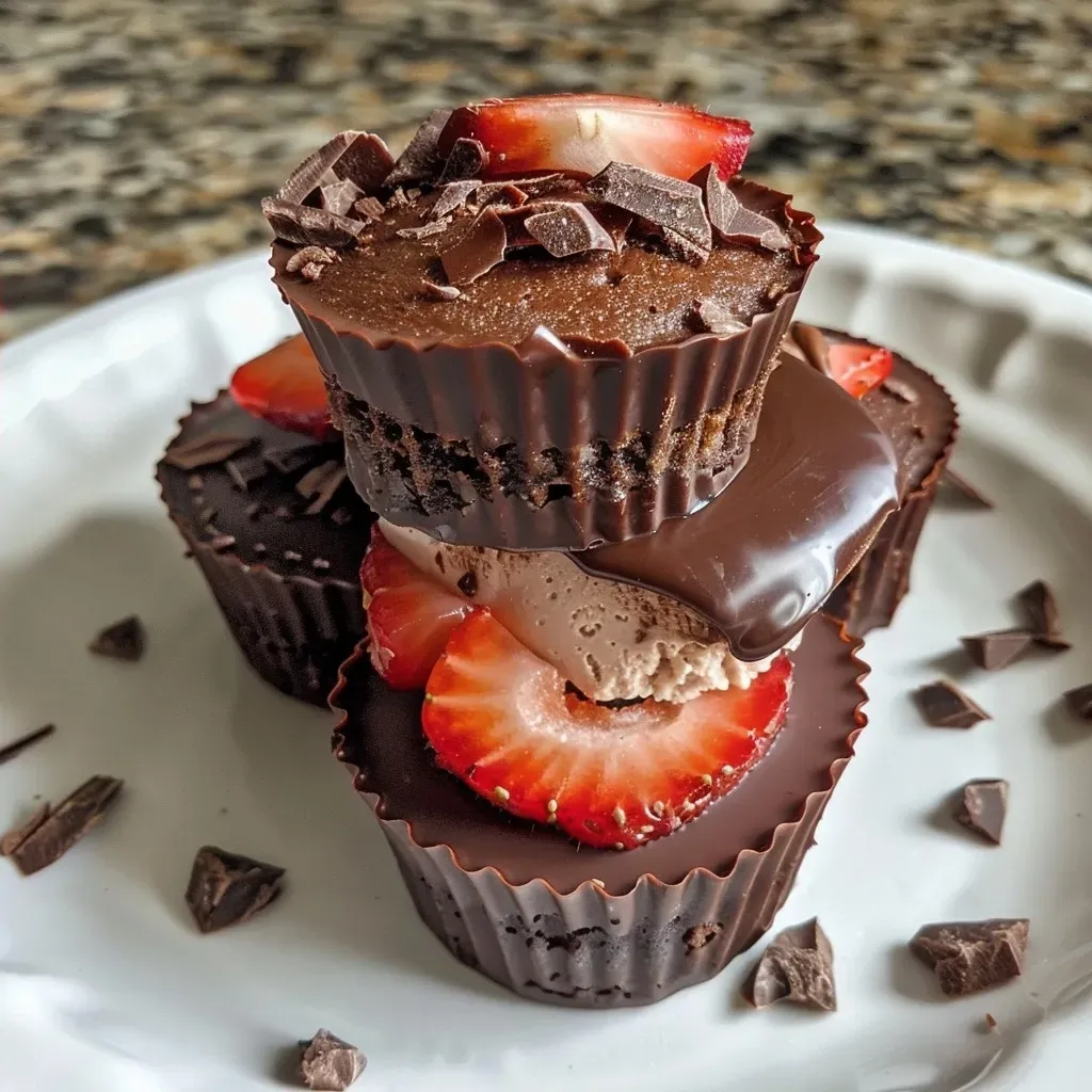 ['Close-up view of individual Chocolate Covered Strawberry Cheesecake Cups with a glossy chocolate coating and fresh strawberries on top.', 'Side view of Mini Chocolate Covered Strawberry Cheesecake Cups showcasing their creamy layers and chocolate drizzle.', 'Rich Chocolate Covered Strawberry Cheesecake Cups displayed with chopped strawberries, emphasizing their decadent appearance.', 'Mouthwatering Chocolate Covered Strawberry Cheesecake Cups with a smooth chocolate layer and strawberry bits visible inside.']
