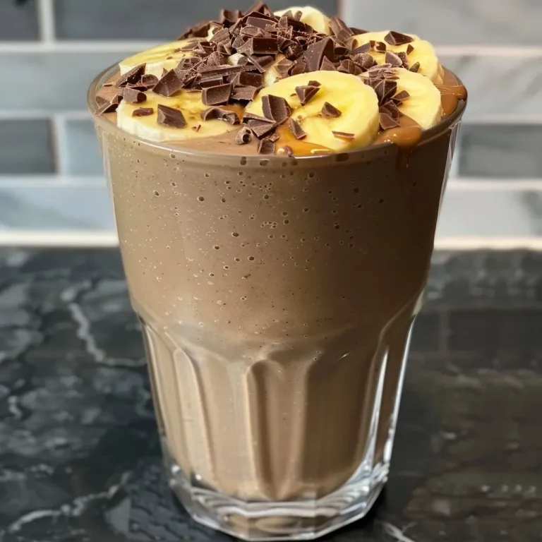 ['Close-up of a creamy chocolate peanut butter banana smoothie in a glass.', 'Side view of a chocolate peanut butter banana smoothie topped with a banana slice.', 'A delicious smoothie featuring chocolate, peanut butter, and banana in a tall glass.', 'Thick chocolate peanut butter banana smoothie served in a transparent glass.']