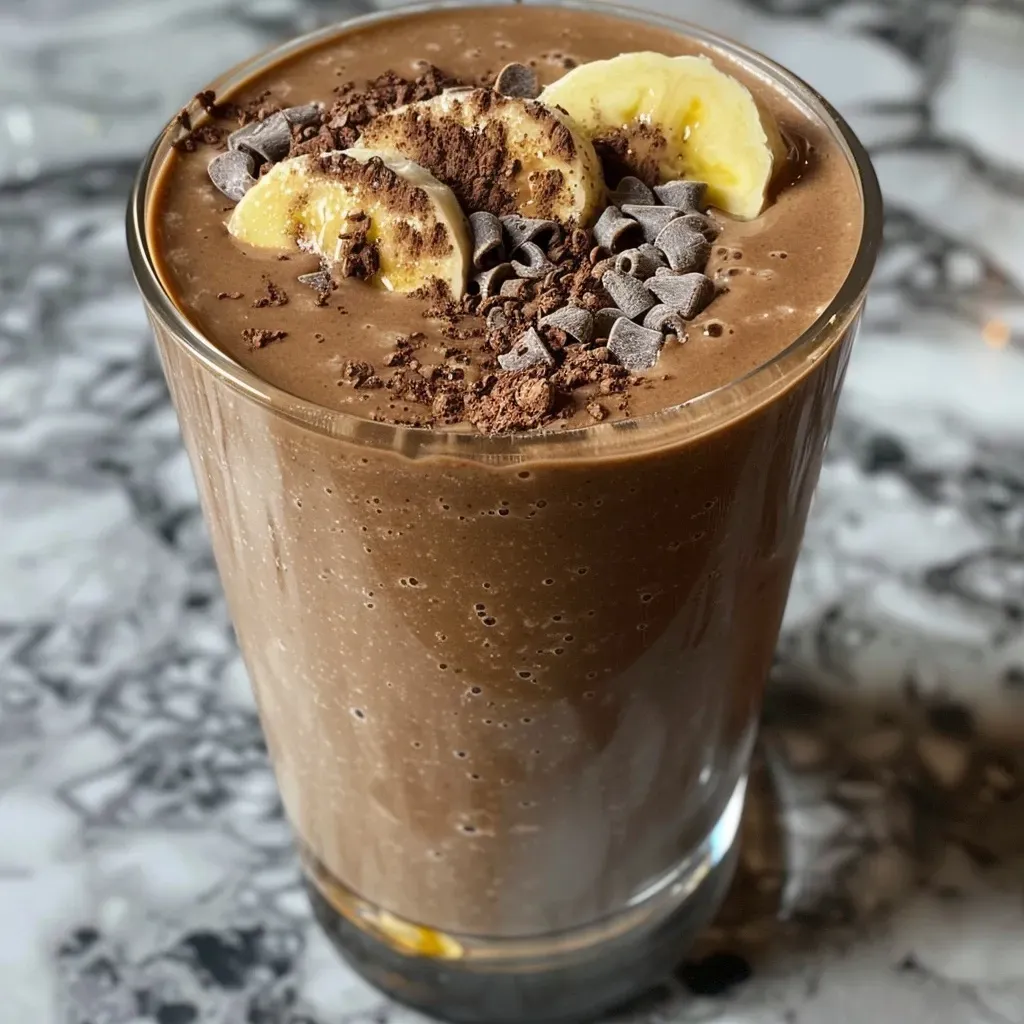 ['Close-up of a creamy chocolate peanut butter banana smoothie in a glass.', 'Side view of a chocolate peanut butter banana smoothie topped with a banana slice.', 'A delicious smoothie featuring chocolate, peanut butter, and banana in a tall glass.', 'Thick chocolate peanut butter banana smoothie served in a transparent glass.']