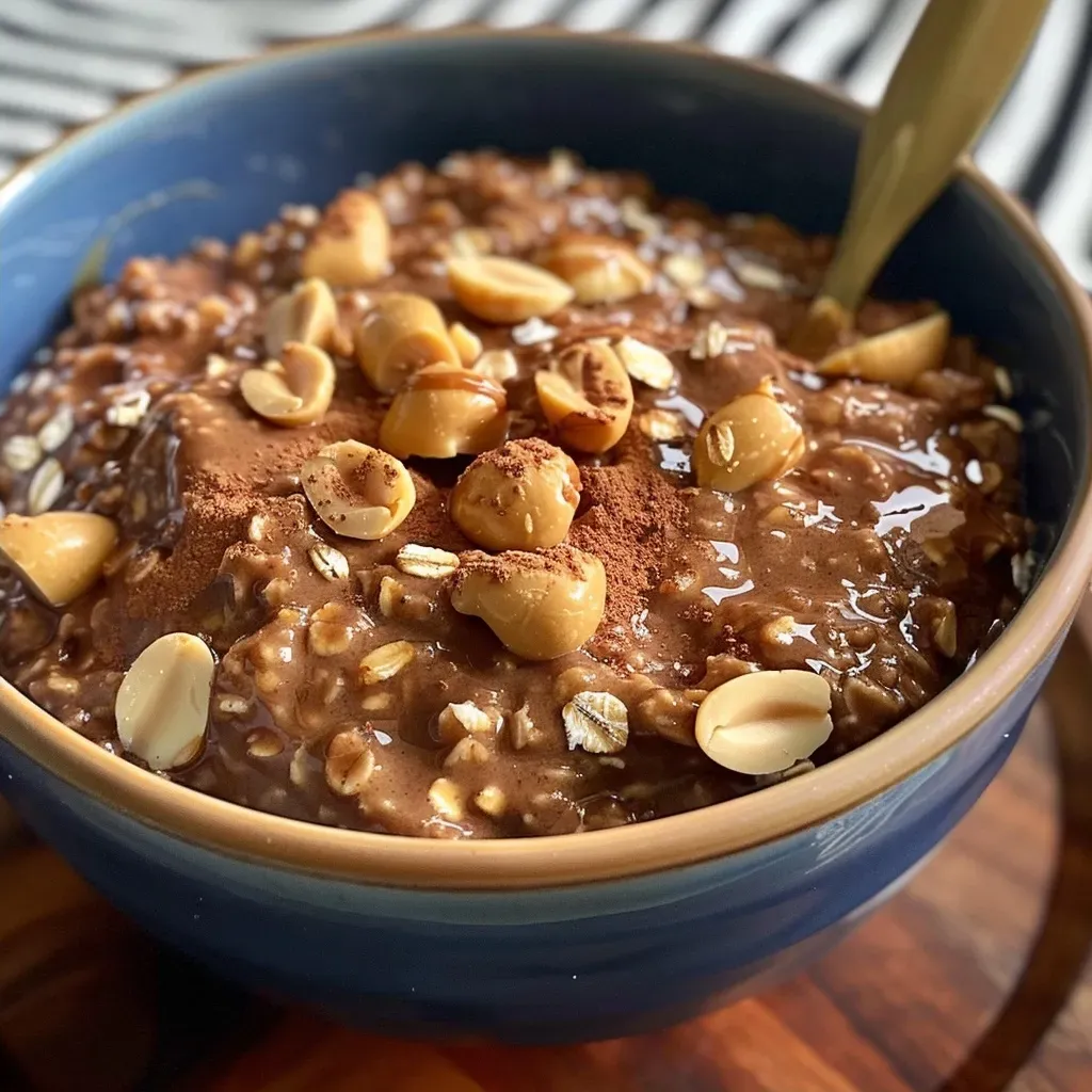 ['Close-up view of rich Chocolate Peanut Butter Oatmeal topped with a sprinkle of cocoa.', 'Side view of creamy Chocolate Peanut Butter Oatmeal in a bowl, highlighting its texture.', 'Delicious Chocolate Peanut Butter Oatmeal with a glossy finish, captured in natural light.', 'Appetizing Chocolate Peanut Butter Oatmeal featuring chunks of peanut butter melting on top.']