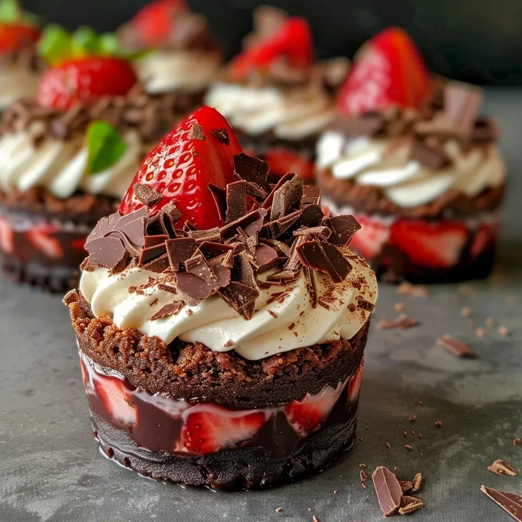 ['Close-up of chocolate strawberry cheesecake dessert cups showing layers of chocolate cookies, cream cheese filling, and strawberry puree.', 'Side view of decadent dessert cups featuring chocolate cookie crust and vibrant strawberry topping.', 'Delicious chocolate strawberry cheesecake cups with creamy layers and a garnish of fresh strawberries.', 'Rich dessert cups filled with chocolate cheesecake and drizzled with strawberry sauce, displayed on a smooth surface.']