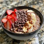 ['Close-up view of a bowl of Chocolate Strawberry Oatmeal topped with fresh strawberries and dark chocolate.', 'Side view of creamy Chocolate Strawberry Oatmeal with banana and a sprinkle of cocoa powder.', 'Detailed shot of oats mixed with chocolate and strawberries, presented in a rustic bowl.', 'Lush, colorful Chocolate Strawberry Oatmeal with chunks of dark chocolate and diced strawberries.']