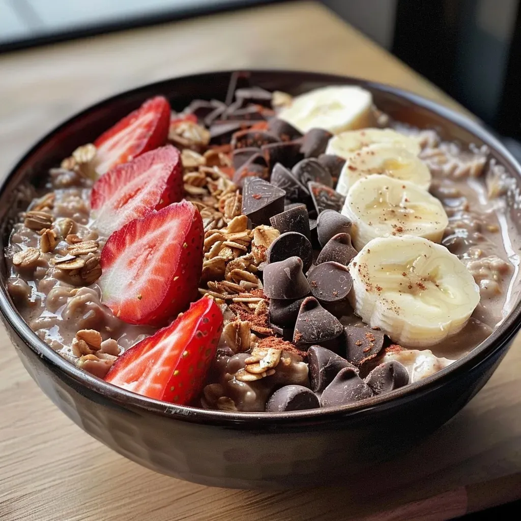 Close-up view of a bowl of Chocolate Strawberry Oatmeal topped with fresh strawberries and dark chocolate.