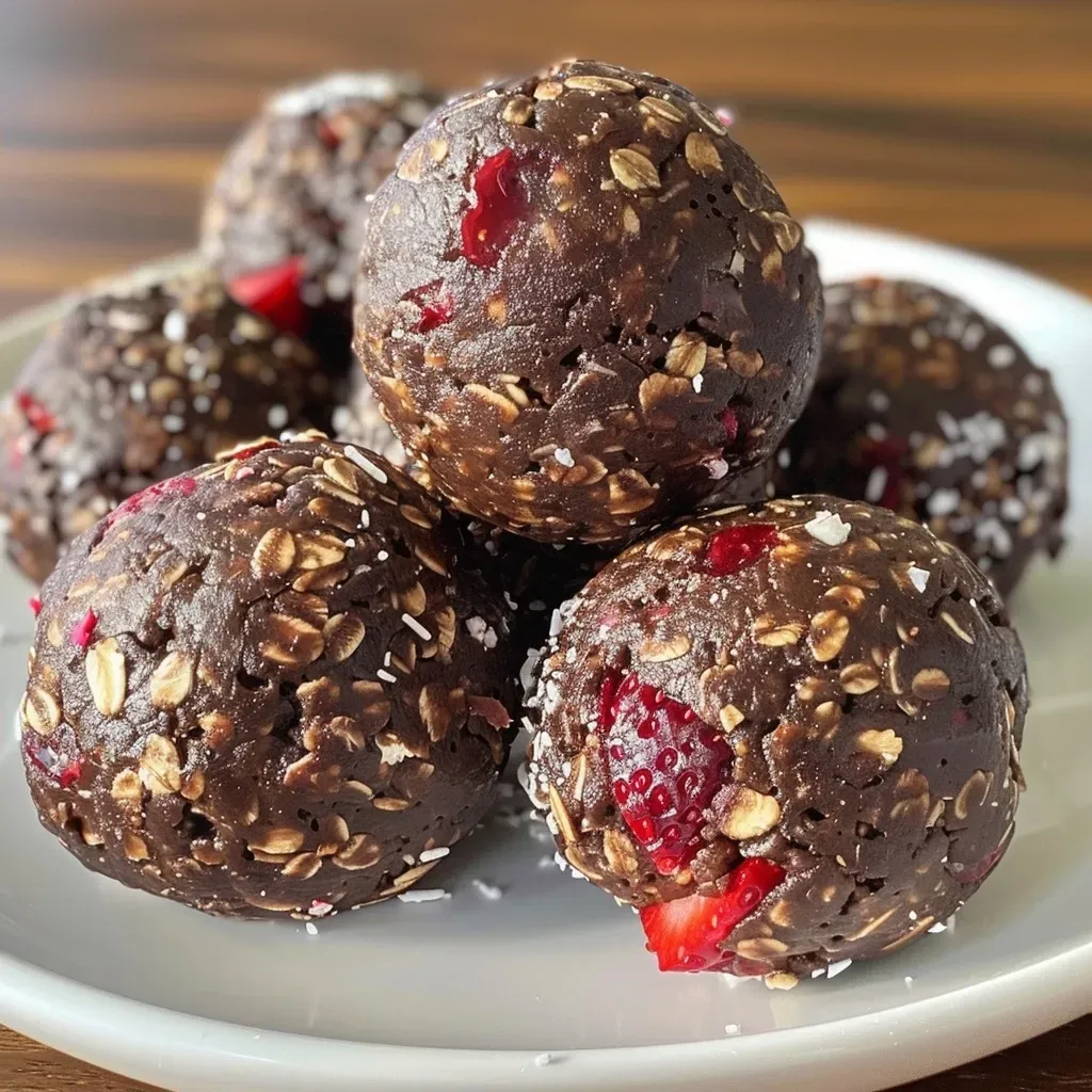 ['Close-up view of chocolate strawberry protein bites, showing texture and ingredients.', 'Side view of delicious protein bites made with chocolate and strawberries, displayed on a surface.', 'Juicy chocolate strawberry protein bites in a close-up photograph, highlighting their colorful appearance.', 'Detailed image of protein bites featuring chocolate and strawberry pieces, taken with an iPhone.']