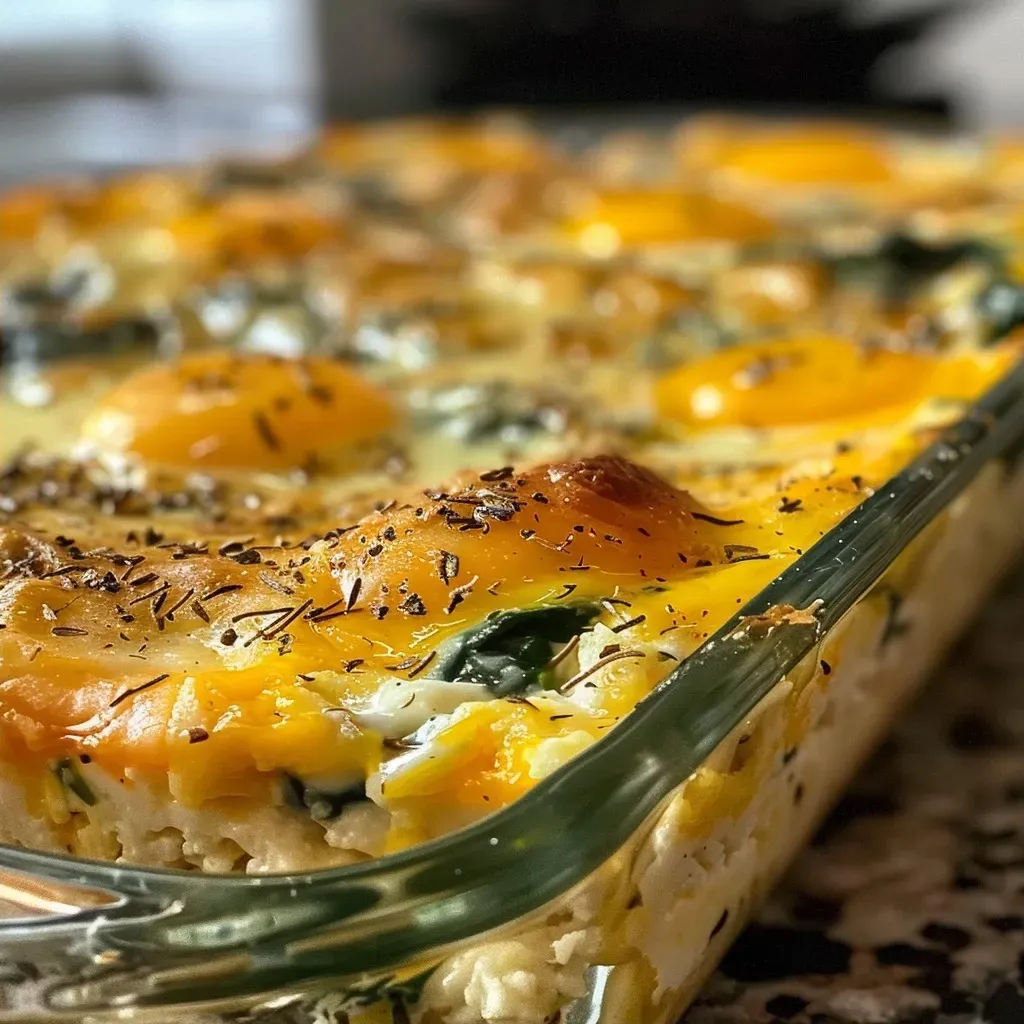 A close-up side view of a Cottage Cheese Egg Bake showcasing a golden, fluffy texture with visible spinach and peppers.