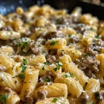 ['Close-up of creamy beef pasta garnished with herbs in a bowl.', 'Side view of a delicious one-pot beef pasta with garlic butter sauce.', 'Juicy ground beef mixed with creamy pasta in a white bowl.', 'Rich and creamy beef pasta dish with garlic and herbs, served in a bowl.']