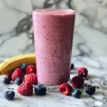 ['Close-up of a creamy berry smoothie in a clear glass with vibrant mixed berries.', 'Side view of a thick Greek yogurt smoothie filled with blended berries and topped with chia seeds.', 'A refreshing berry smoothie in a tall glass, showcasing its rich purple hue and creamy texture.', 'Creamy berry smoothie captured with a focus on the smooth texture and colorful berry ingredients.']