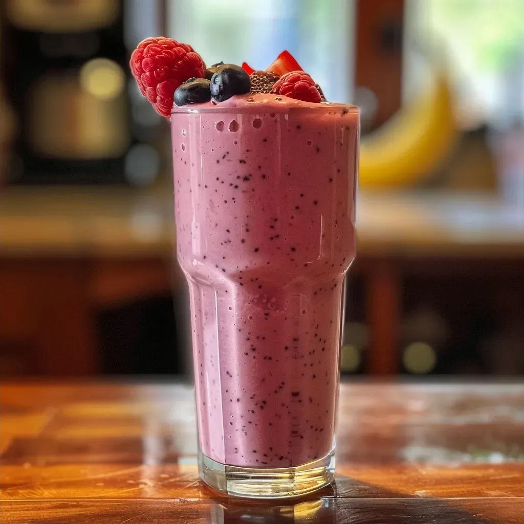 ['Close-up of a creamy berry smoothie in a clear glass with vibrant mixed berries.', 'Side view of a thick Greek yogurt smoothie filled with blended berries and topped with chia seeds.', 'A refreshing berry smoothie in a tall glass, showcasing its rich purple hue and creamy texture.', 'Creamy berry smoothie captured with a focus on the smooth texture and colorful berry ingredients.']