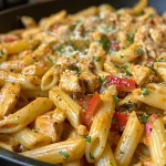 ['Close-up of creamy Cajun chicken pasta with colorful bell peppers and herbs.', 'A side view of Cajun chicken penne pasta in a creamy sauce, garnished with parsley.', 'Juicy Cajun chicken pasta dish featuring diced chicken, creamy sauce, and vibrant vegetables.', 'Creamy Cajun chicken pasta captured in detail, showcasing its rich texture and ingredients.']
