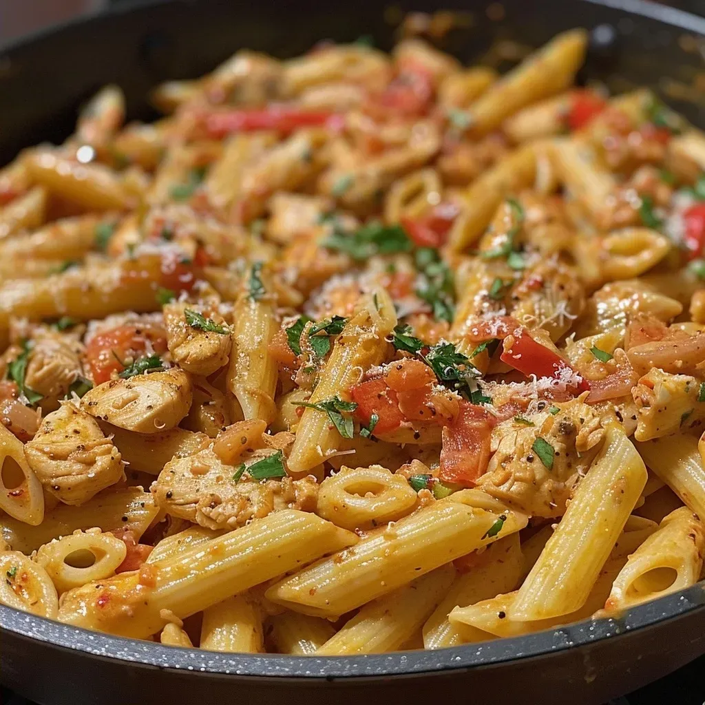 ['Close-up of creamy Cajun chicken pasta with colorful bell peppers and herbs.', 'A side view of Cajun chicken penne pasta in a creamy sauce, garnished with parsley.', 'Juicy Cajun chicken pasta dish featuring diced chicken, creamy sauce, and vibrant vegetables.', 'Creamy Cajun chicken pasta captured in detail, showcasing its rich texture and ingredients.']