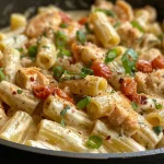 ['Close-up view of creamy Cajun pasta with chicken and sun-dried tomatoes.', 'Side angle of a bowl of creamy Cajun pasta topped with green onions.', 'Juicy Cajun pasta featuring a mix of chicken and sun-dried tomatoes.', 'Delicious creamy pasta dish showcasing Cajun seasoning and parmesan cheese.']