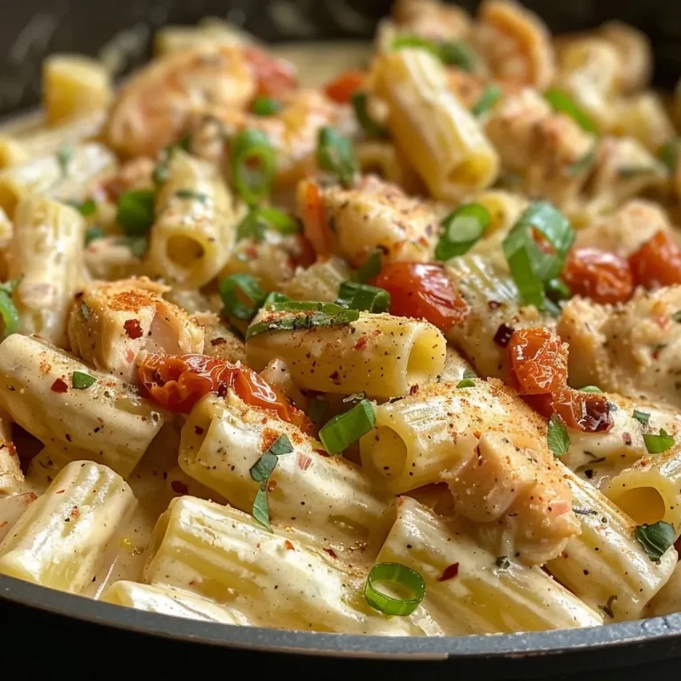 ['Close-up view of creamy Cajun pasta with chicken and sun-dried tomatoes.', 'Side angle of a bowl of creamy Cajun pasta topped with green onions.', 'Juicy Cajun pasta featuring a mix of chicken and sun-dried tomatoes.', 'Delicious creamy pasta dish showcasing Cajun seasoning and parmesan cheese.']