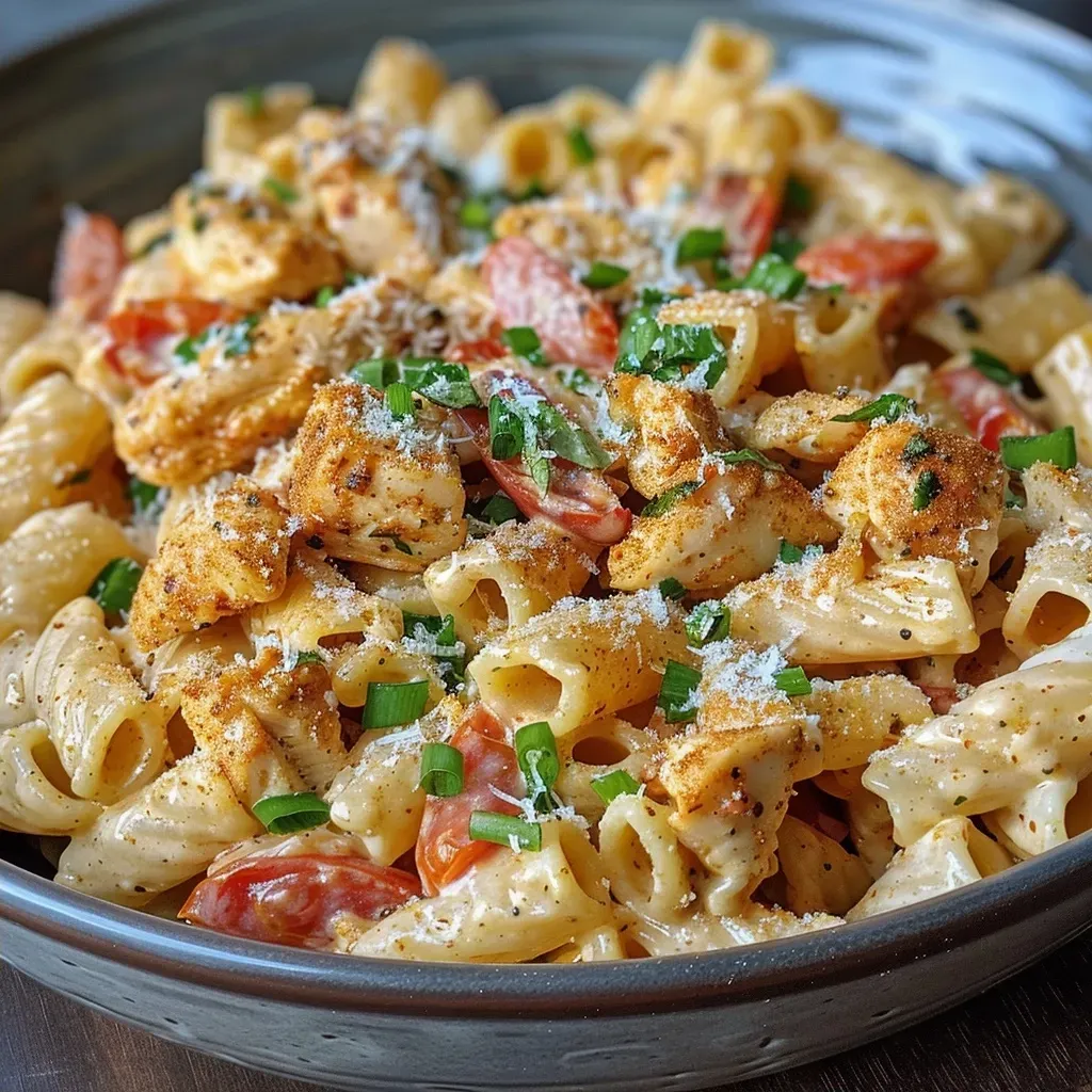 ['Close-up view of creamy Cajun pasta with chicken and sun-dried tomatoes.', 'Side angle of a bowl of creamy Cajun pasta topped with green onions.', 'Juicy Cajun pasta featuring a mix of chicken and sun-dried tomatoes.', 'Delicious creamy pasta dish showcasing Cajun seasoning and parmesan cheese.']