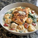 ['Close-up view of creamy chicken and gnocchi with garnished greens.', 'Side view of a bowl filled with creamy chicken and gnocchi, showcasing its texture.', 'Juicy pieces of chicken in a creamy sauce with gnocchi and spinach visible.', 'A detailed close-up of a hearty creamy chicken and gnocchi dish in a rustic bowl.']