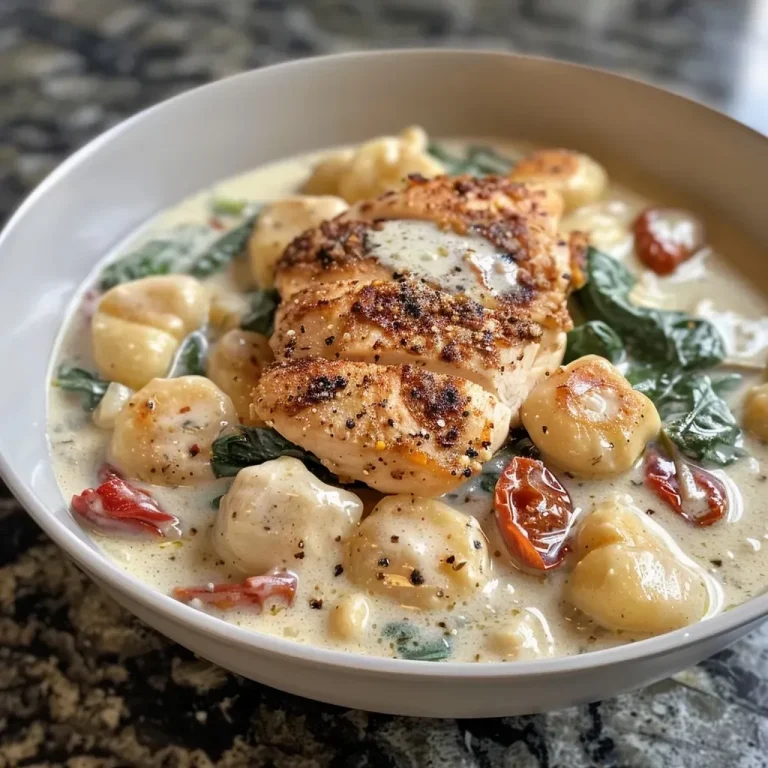 ['Close-up view of creamy chicken and gnocchi with garnished greens.', 'Side view of a bowl filled with creamy chicken and gnocchi, showcasing its texture.', 'Juicy pieces of chicken in a creamy sauce with gnocchi and spinach visible.', 'A detailed close-up of a hearty creamy chicken and gnocchi dish in a rustic bowl.']