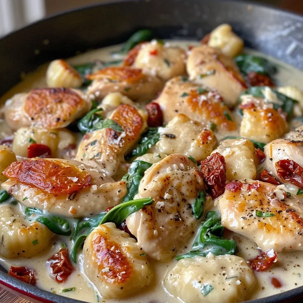 ['Close-up view of creamy chicken and gnocchi with garnished greens.', 'Side view of a bowl filled with creamy chicken and gnocchi, showcasing its texture.', 'Juicy pieces of chicken in a creamy sauce with gnocchi and spinach visible.', 'A detailed close-up of a hearty creamy chicken and gnocchi dish in a rustic bowl.']