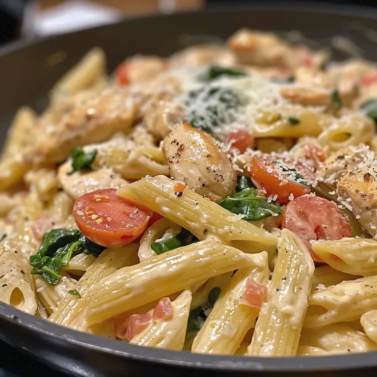 ['Close-up view of creamy chicken and tomato pasta garnished with fresh basil.', 'Side view of a bowl filled with creamy chicken, tomatoes, and spinach pasta.', 'Detailed shot of a delicious one-pan chicken and tomato pasta with herbs.', 'Appetizing creamy pasta dish with chicken and cherry tomatoes on a wooden table.']