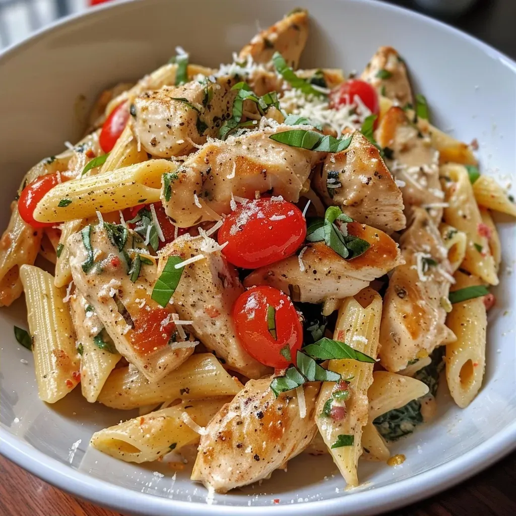 ['Close-up view of creamy chicken and tomato pasta garnished with fresh basil.', 'Side view of a bowl filled with creamy chicken, tomatoes, and spinach pasta.', 'Detailed shot of a delicious one-pan chicken and tomato pasta with herbs.', 'Appetizing creamy pasta dish with chicken and cherry tomatoes on a wooden table.']