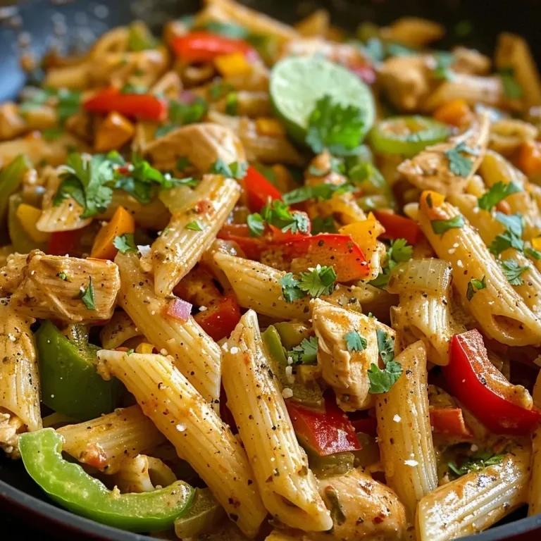 ['Close-up view of creamy chicken fajita pasta with colorful bell peppers and herbs.', 'Side view of a delicious plate of creamy chicken fajita pasta topped with cilantro and lime.', 'Juicy chicken fajita pasta in a creamy sauce, showcasing vibrant vegetables and pasta.', 'Textured close-up of creamy chicken fajita pasta featuring sliced peppers and chicken.']