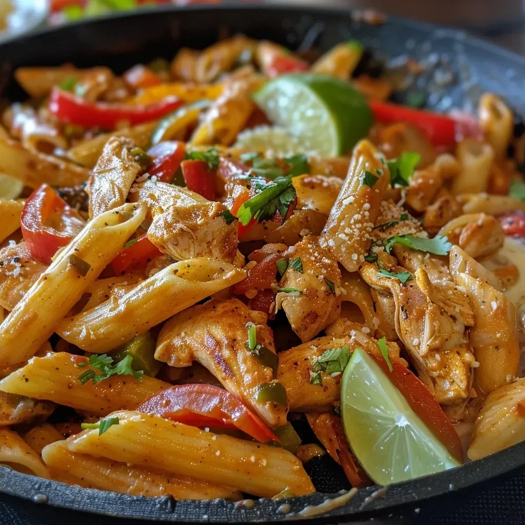 ['Close-up view of creamy chicken fajita pasta with colorful bell peppers and herbs.', 'Side view of a delicious plate of creamy chicken fajita pasta topped with cilantro and lime.', 'Juicy chicken fajita pasta in a creamy sauce, showcasing vibrant vegetables and pasta.', 'Textured close-up of creamy chicken fajita pasta featuring sliced peppers and chicken.']