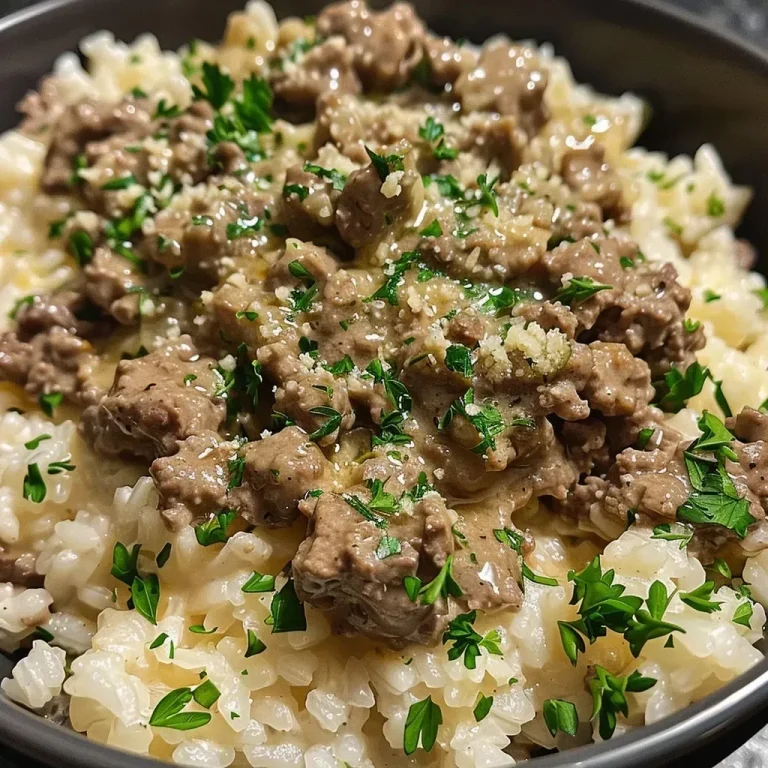 ['Close-up view of a bowl filled with creamy garlic butter beef and rice topped with cheddar cheese.', 'A delicious serving of creamy garlic butter beef and rice, showcasing melted cheese and garnished with parsley.', 'Side view of a plate of creamy garlic butter beef and rice, featuring ground beef and a rich buttery sauce.', 'Juicy creamy garlic butter beef and rice with a sprinkle of grated Parmesan and chopped parsley on top.']