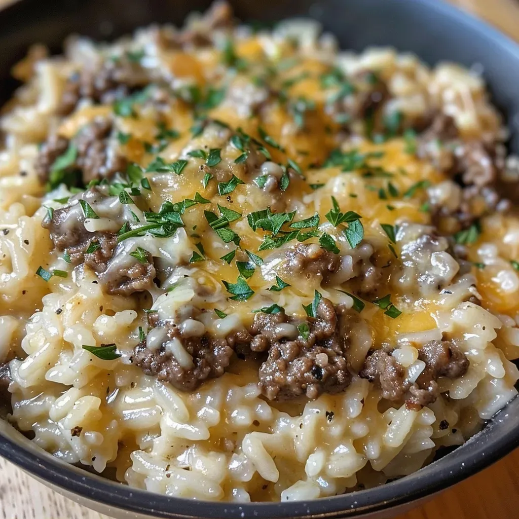['Close-up view of a bowl filled with creamy garlic butter beef and rice topped with cheddar cheese.', 'A delicious serving of creamy garlic butter beef and rice, showcasing melted cheese and garnished with parsley.', 'Side view of a plate of creamy garlic butter beef and rice, featuring ground beef and a rich buttery sauce.', 'Juicy creamy garlic butter beef and rice with a sprinkle of grated Parmesan and chopped parsley on top.']