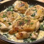 ['Close-up view of creamy garlic chicken with spinach on a plate.', 'Juicy garlic chicken surrounded by fresh spinach in a creamy sauce.', 'Side view of a dish featuring creamy garlic chicken with vibrant spinach.', 'Plate of delicious creamy garlic chicken garnished with spinach.']