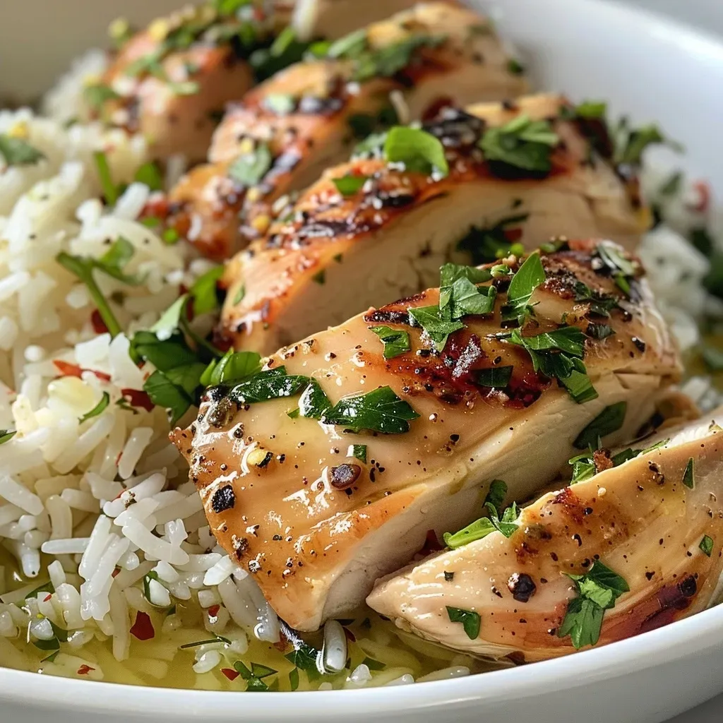 ['Close-up of creamy herb chicken served over basmati rice.', 'Juicy chicken breasts in a creamy sauce with rice on the side.', 'Side view of a plate containing creamy herb chicken and basmati rice.', 'Delicious creamy herb chicken garnished with fresh herbs and served with rice.']