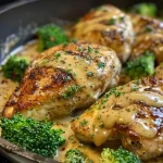 ['A close-up view of juicy Creamy Honey Mustard Chicken with broccoli.', 'Side photo of Chicken breasts coated in creamy sauce with parsley.', 'Detailed shot of Creamy Honey Mustard Chicken alongside fresh broccoli.', 'Tasty dish of honey mustard chicken with a creamy glaze and green garnish.']