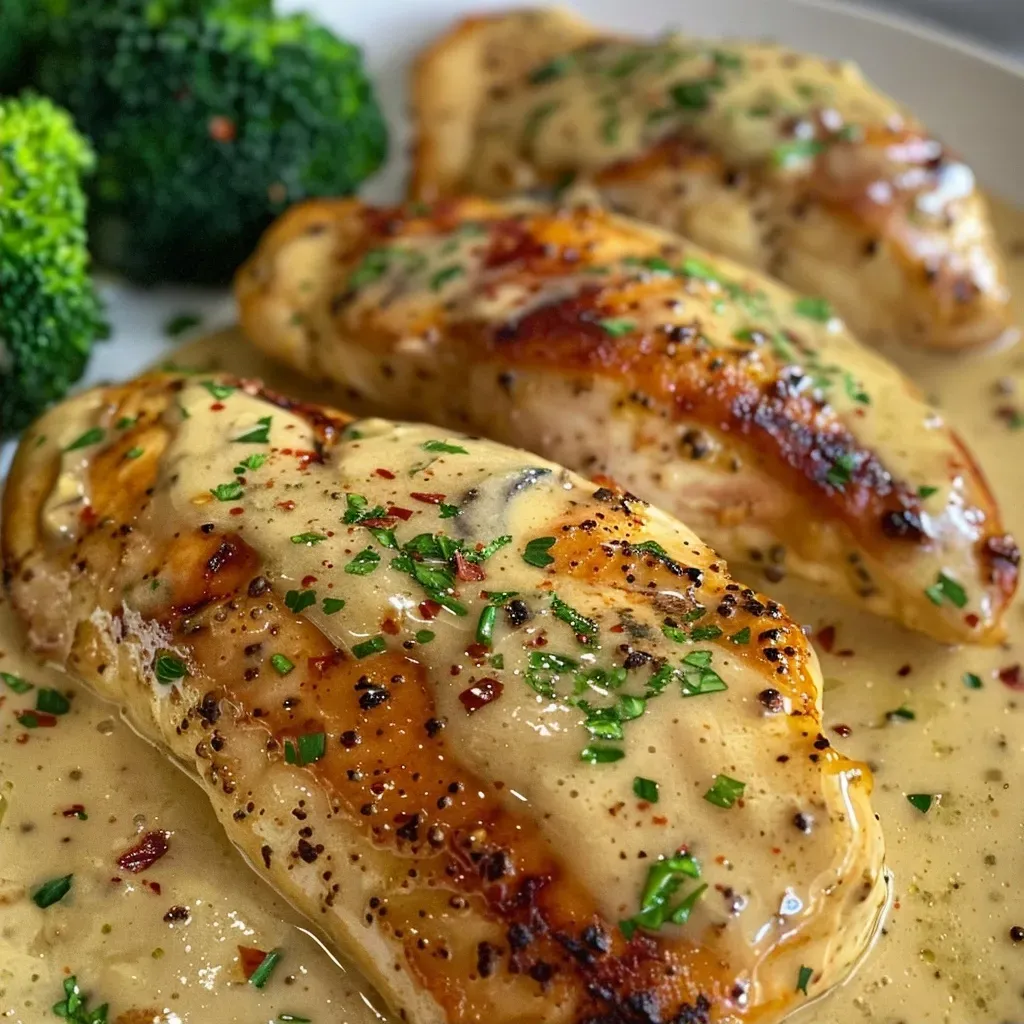 ['A close-up view of juicy Creamy Honey Mustard Chicken with broccoli.', 'Side photo of Chicken breasts coated in creamy sauce with parsley.', 'Detailed shot of Creamy Honey Mustard Chicken alongside fresh broccoli.', 'Tasty dish of honey mustard chicken with a creamy glaze and green garnish.']
