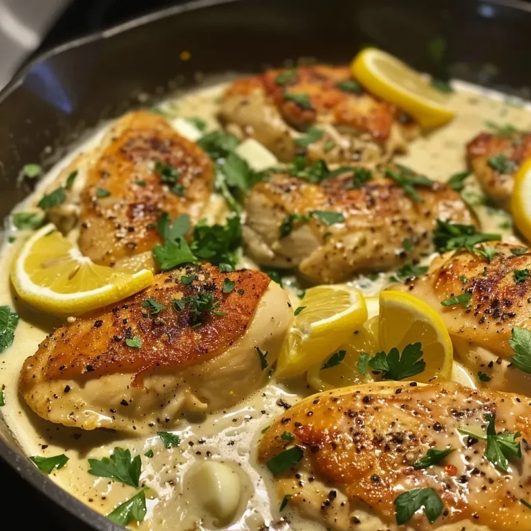 ['A close-up view of Creamy Lemon Chicken with a golden-brown crust and lemon slices.', 'Juicy Creamy Lemon Chicken dish garnished with parsley and capers, served on a white plate.', 'Side view of a steaming plate of Creamy Lemon Chicken showcasing its creamy sauce and fresh ingredients.', 'A vibrant presentation of Creamy Lemon Chicken highlighting the lemon slices and creamy texture.']