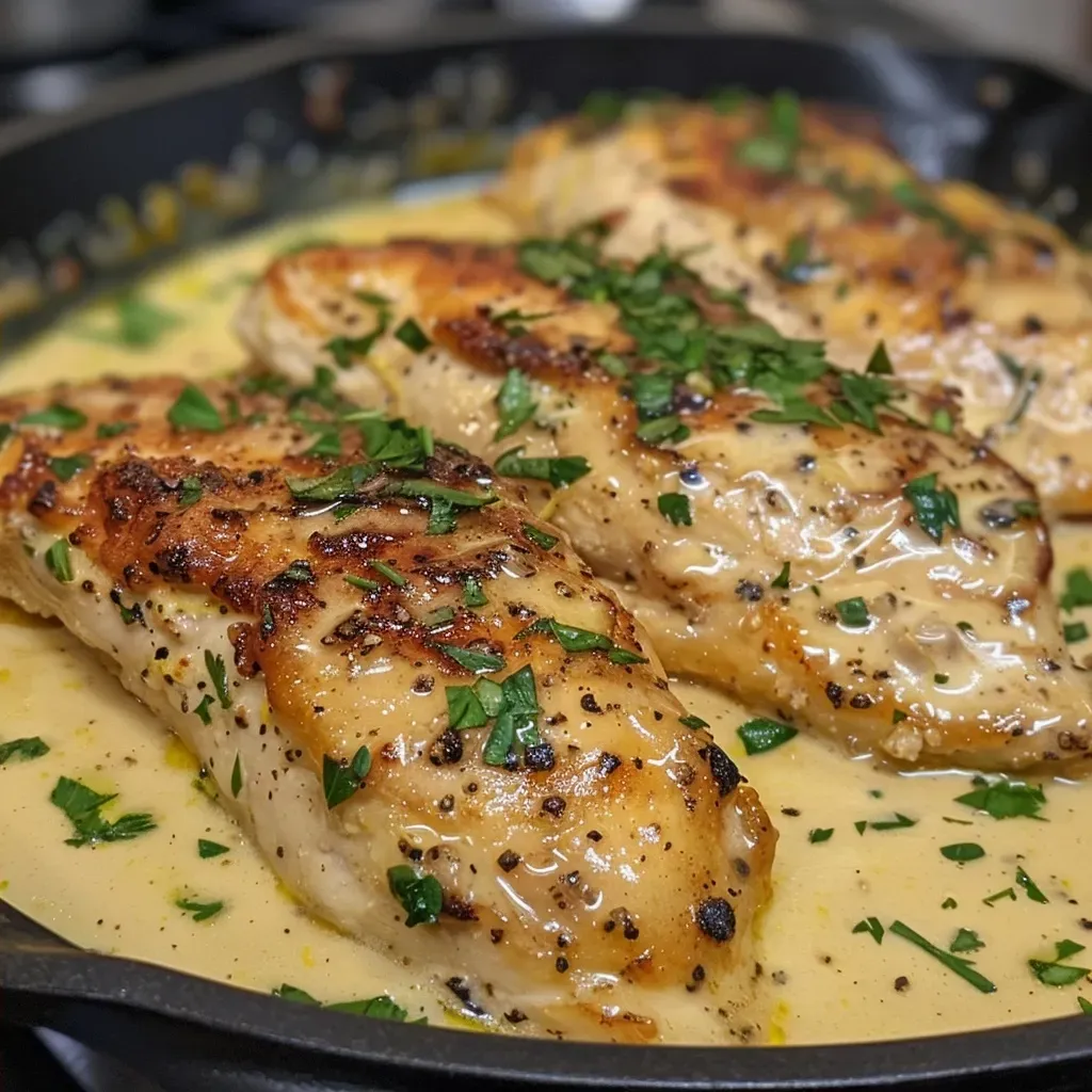 ['Close-up view of creamy lemon chicken garnished with parsley.', 'Juicy lemon chicken in a creamy sauce with garlic and herbs.', 'Side view of tender chicken in a rich lemon cream sauce.', 'Delicious creamy lemon chicken on a plate, showing texture and ingredients.']