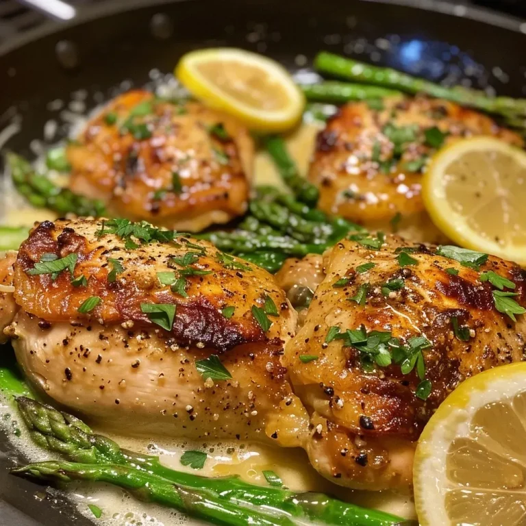 ['Close-up view of creamy lemon herb chicken with asparagus arranged on a plate.', 'Juicy lemon herb chicken breast garnished with asparagus on a wooden surface.', 'Side view of plated creamy lemon herb chicken and asparagus, highlighting textures.', 'Succulent chicken with a creamy sauce and fresh asparagus in vibrant colors.']