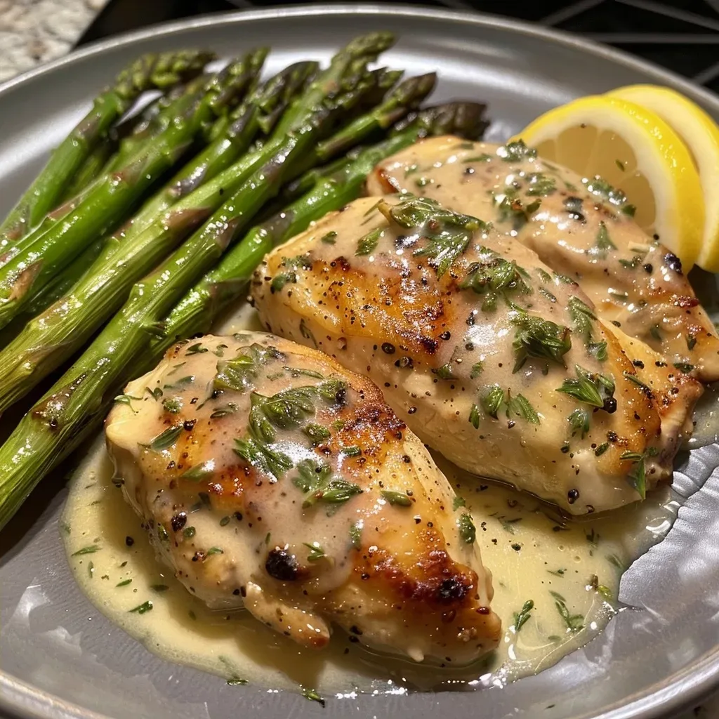 ['Close-up view of creamy lemon herb chicken with asparagus arranged on a plate.', 'Juicy lemon herb chicken breast garnished with asparagus on a wooden surface.', 'Side view of plated creamy lemon herb chicken and asparagus, highlighting textures.', 'Succulent chicken with a creamy sauce and fresh asparagus in vibrant colors.']