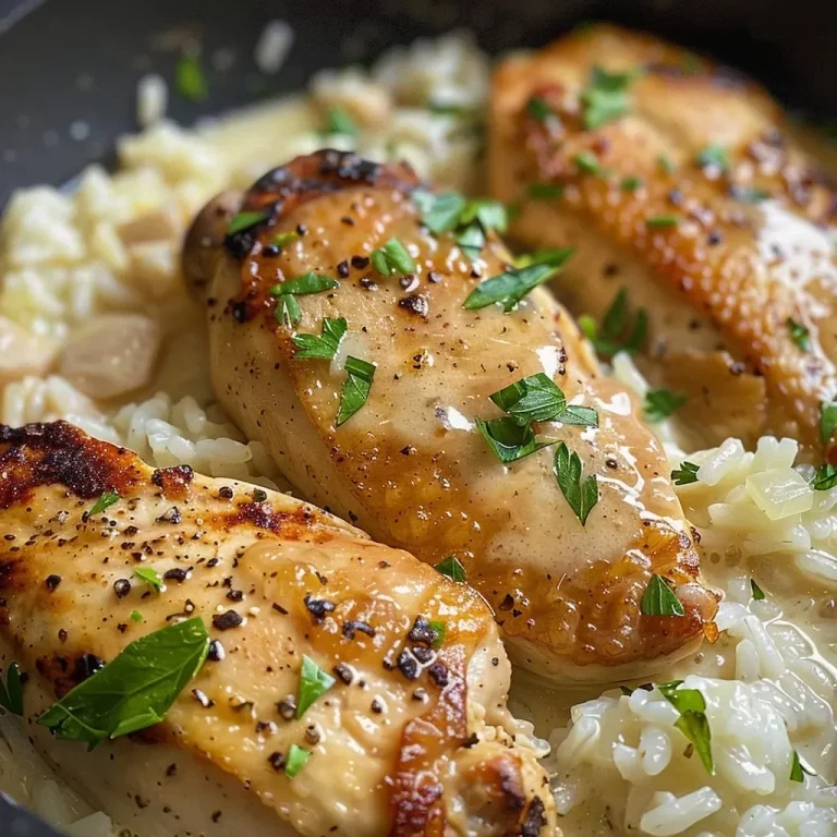 ['Juicy Creamy Parmesan Chicken and Rice in a skillet, garnished with parsley.', 'Close-up of Creamy Parmesan Chicken and Rice, showcasing tender chicken and fluffy rice.', 'One-pan meal featuring creamy chicken and rice, with a sprinkle of fresh parsley.', 'Side view of Creamy Parmesan Chicken and Rice, highlighting its creamy texture and ingredients.']