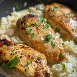 ['Close-up view of creamy Parmesan chicken and rice in a white dish, garnished with chopped parsley.', 'Mouth-watering image of chicken cubes mixed with rice, cream, and Parmesan cheese, presented in a rustic pan.', 'A hearty one-pan meal featuring juicy chicken, creamy rice, and melted Parmesan, captured from the side.', 'Side view of a deliciously creamy chicken and rice dish, showcasing tender chicken pieces and a rich sauce.']