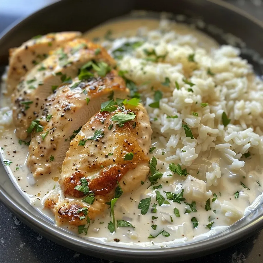 ['Juicy Creamy Parmesan Chicken and Rice in a skillet, garnished with parsley.', 'Close-up of Creamy Parmesan Chicken and Rice, showcasing tender chicken and fluffy rice.', 'One-pan meal featuring creamy chicken and rice, with a sprinkle of fresh parsley.', 'Side view of Creamy Parmesan Chicken and Rice, highlighting its creamy texture and ingredients.']