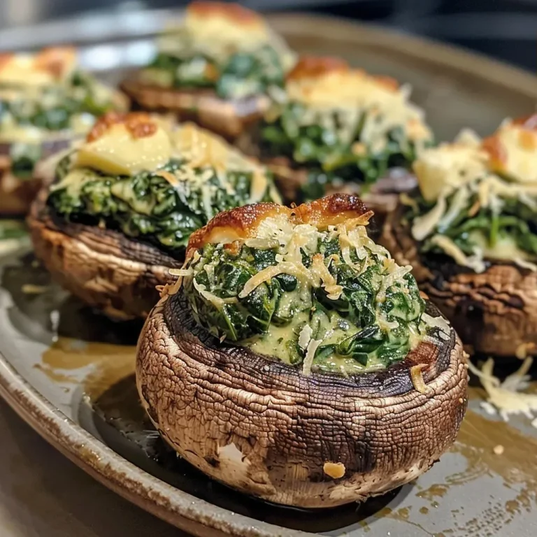 ['Close-up view of creamy spinach stuffed mushrooms on a white plate.', 'Side view of juicy portobello mushrooms filled with creamy spinach mixture.', 'Delicious spinach-stuffed mushrooms with a golden-brown top on a rustic table.', 'Appetizing presentation of creamy stuffed mushrooms garnished with herbs.']