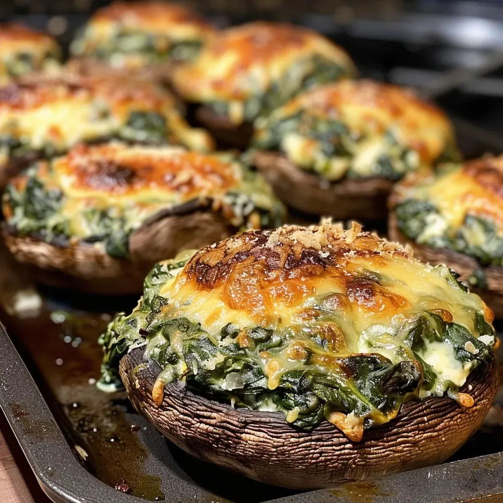 ['Close-up view of creamy spinach stuffed mushrooms on a white plate.', 'Side view of juicy portobello mushrooms filled with creamy spinach mixture.', 'Delicious spinach-stuffed mushrooms with a golden-brown top on a rustic table.', 'Appetizing presentation of creamy stuffed mushrooms garnished with herbs.']