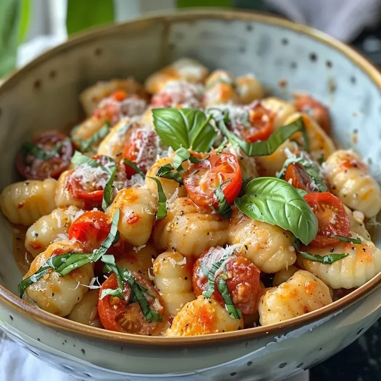 ['A close-up view of creamy gnocchi topped with cherry tomatoes and fresh basil.', 'Juicy gnocchi in a creamy tomato sauce, garnished with basil leaves.', 'Side view of a bowl of gnocchi dressed in a rich tomato cream sauce.', 'Deliciously plated gnocchi with chunks of cherry tomatoes and basil.']
