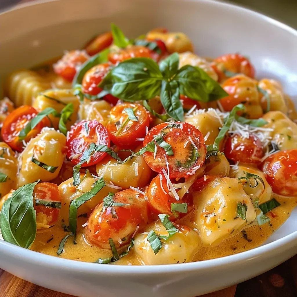 ['A close-up view of creamy gnocchi topped with cherry tomatoes and fresh basil.', 'Juicy gnocchi in a creamy tomato sauce, garnished with basil leaves.', 'Side view of a bowl of gnocchi dressed in a rich tomato cream sauce.', 'Deliciously plated gnocchi with chunks of cherry tomatoes and basil.']