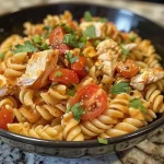 ['Close-up shot of creamy tomato chicken pasta with rotini and chopped veggies.', 'Side view of a bowl filled with creamy tomato chicken pasta, garnished with parsley and green onions.', 'A delicious plate of creamy tomato chicken pasta featuring tender chicken and melted mozzarella.', 'Juicy and colorful creamy tomato chicken pasta dish served in a white bowl.']