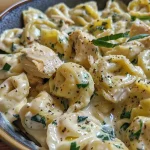 ['Close-up of creamy tortellini pasta with chicken in a bowl.', 'Side view of delicious cheese tortellini garnished with greens and chicken.', 'Juicy tortellini dish featuring shredded chicken, cream, and basil pesto.', 'Appetizing close-up of pasta with sauce, chicken, and fresh basil.']